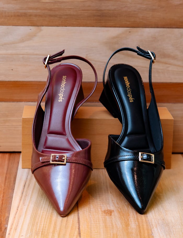 Stylish brown and black pointed toe slingback shoes on display for fashion enthusiasts.